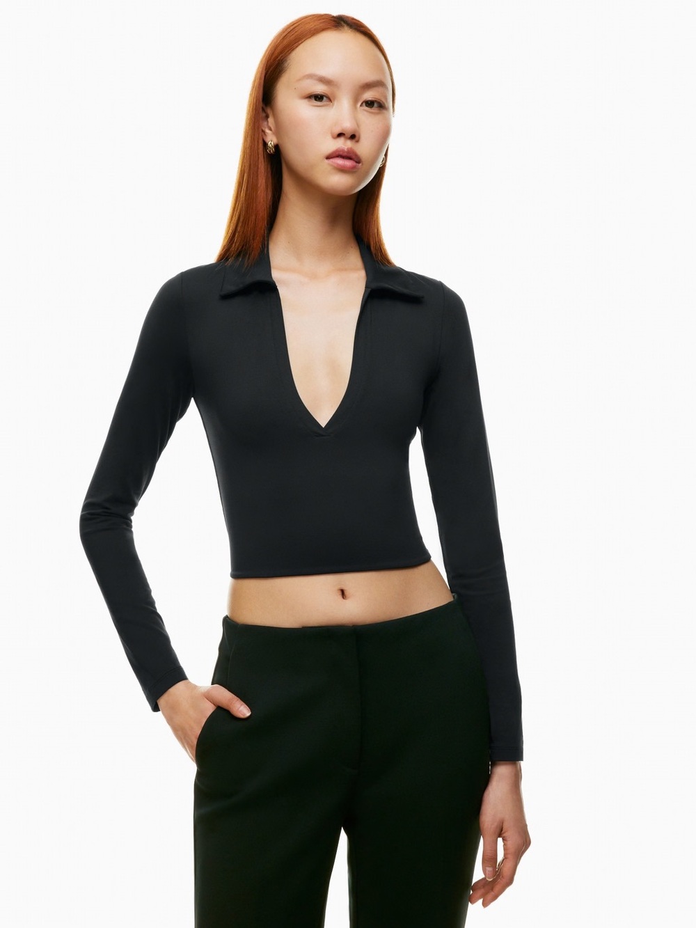 Aritzia Black Long-Sleeve Deep V Collared Crop Top